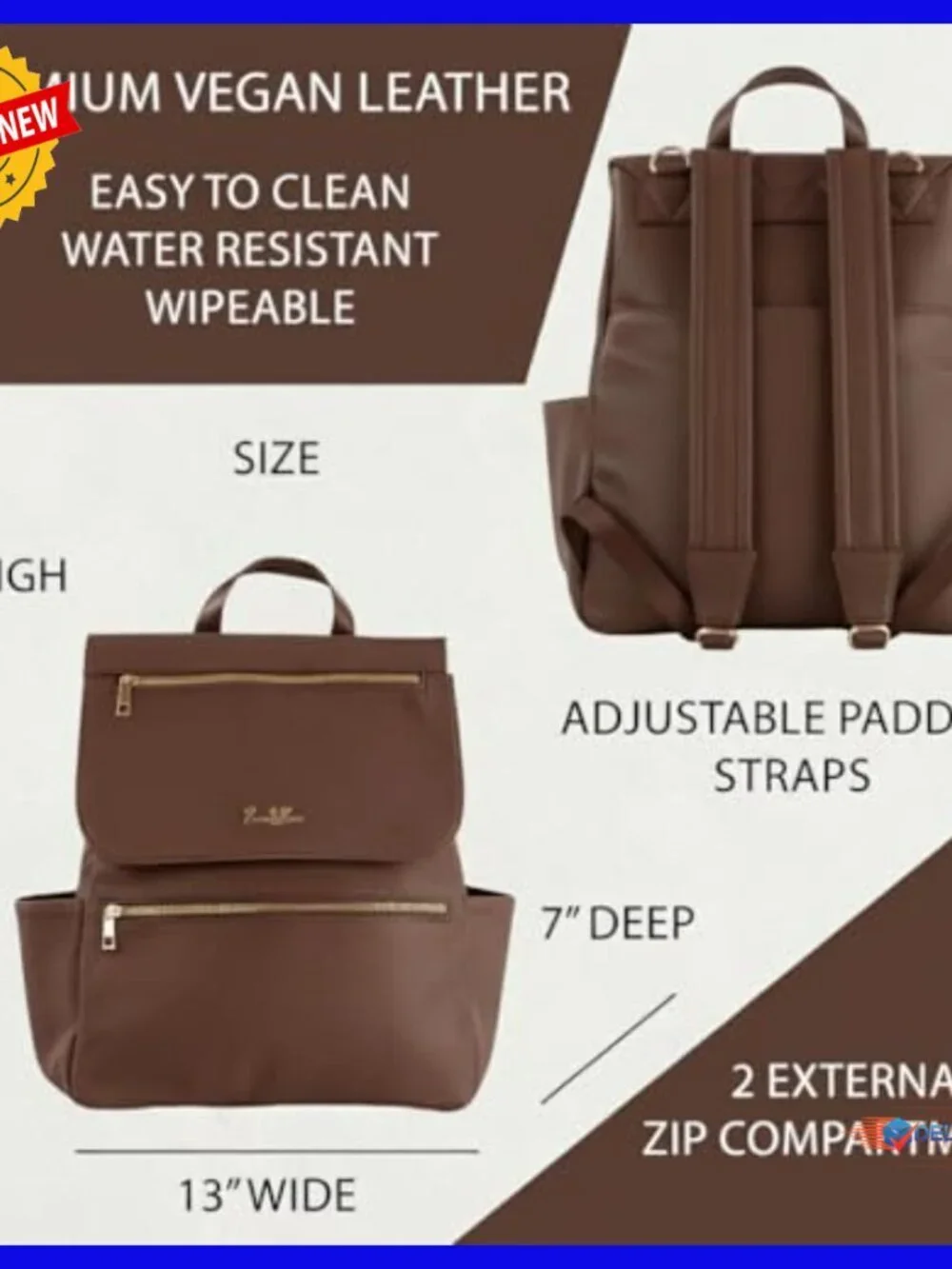 Large Vegan Leather Diaper Backpack with Laptop Compartment